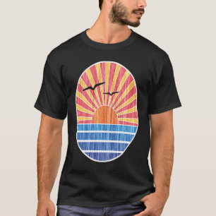 Retro Ocean Sunset Beach and Sky Circle Emblem T-Shirt