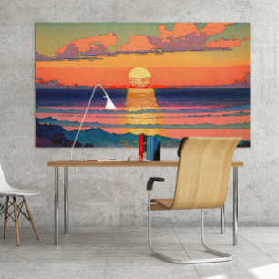 Retro Ocean Sunset Illustration Poster