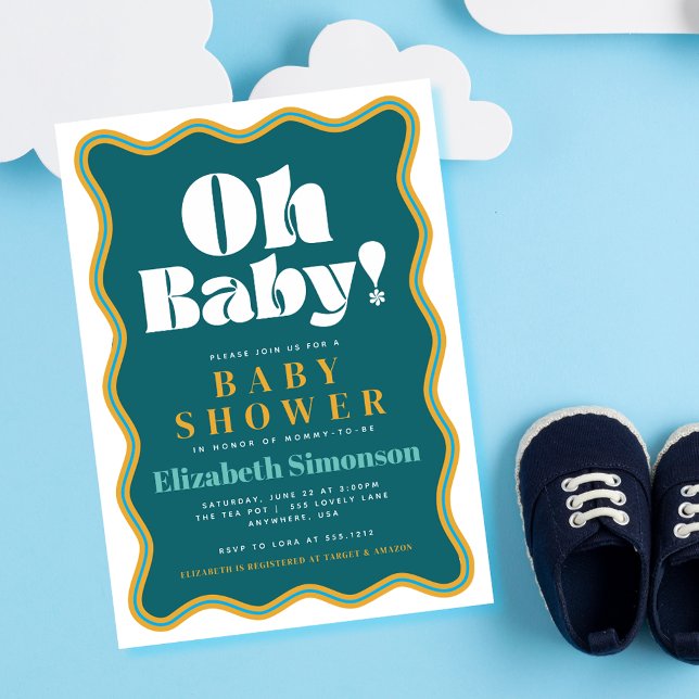 Retro Oh Baby Wavy Squiggle Frame Baby Shower Invitation (Creator Uploaded)