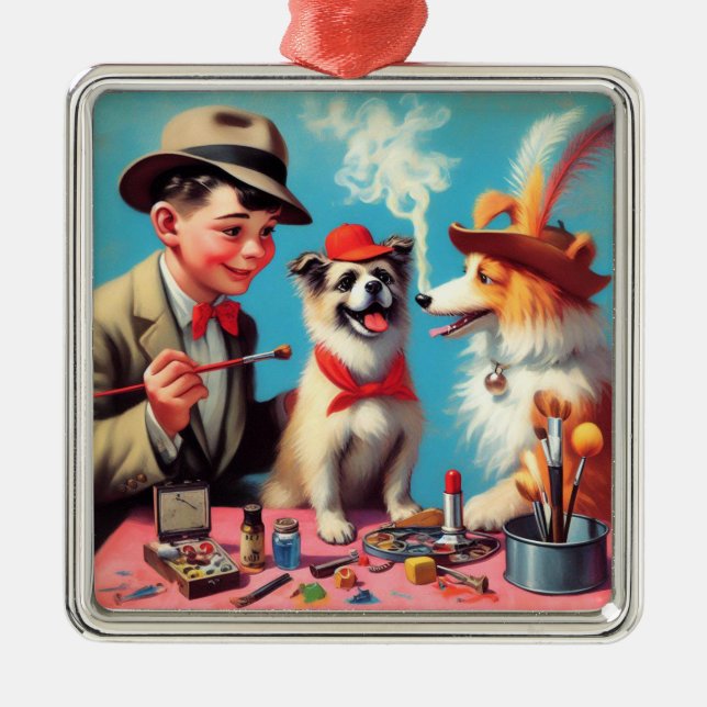 Retro Oil Painting Happy Dogs Metal Tree Decoration (Front)