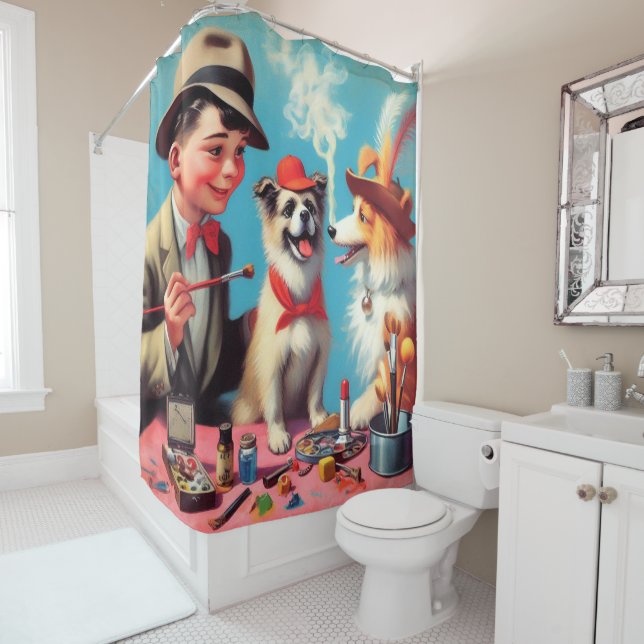 Retro Oil Painting Happy Dogs Shower Curtain (In Situ)