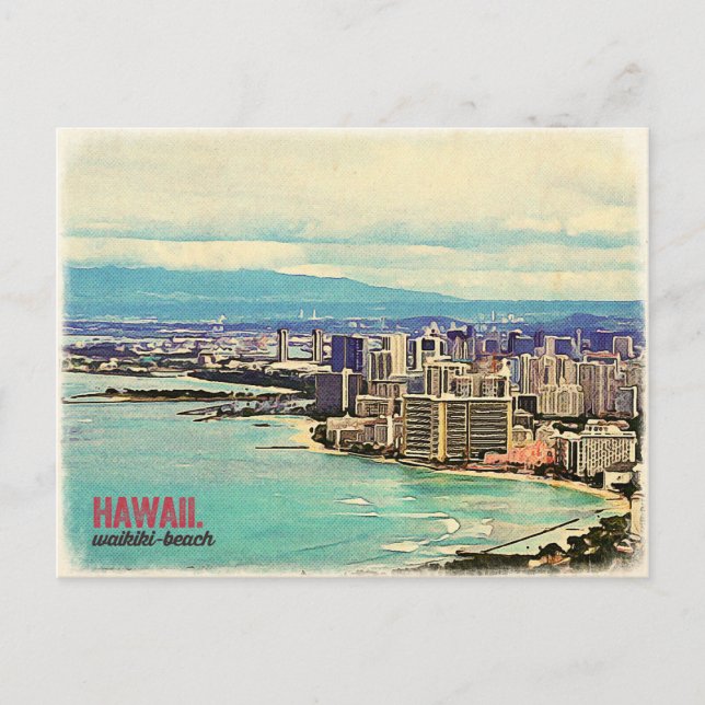 Retro Old Look Hawaii Oahu Island Waikiki Beach Postcard (Front)