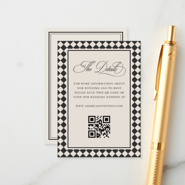 Retro Old Money Chequered QR Code Wedding Details Enclosure Card (Front/Back In Situ)