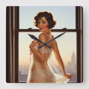 Retro Old School Pin-up Girl Square Wall Clock