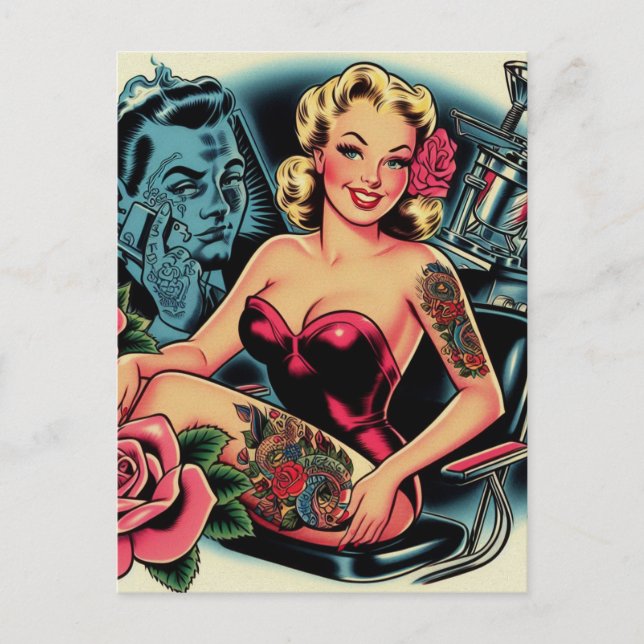 Retro Old School Tattoo Pin Up Postcard (Front)