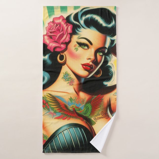 Retro Old School Tattoo Pinup Bath Towel (Bath Towel)