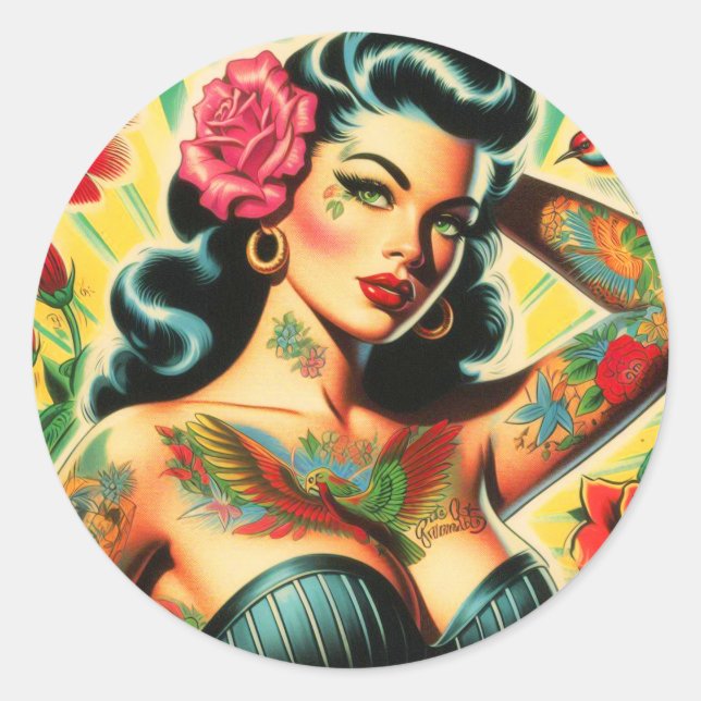 Retro Old School Tattoo Pinup Classic Round Sticker (Front)