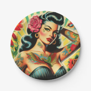 Retro Old School Tattoo Pinup Paper Plate