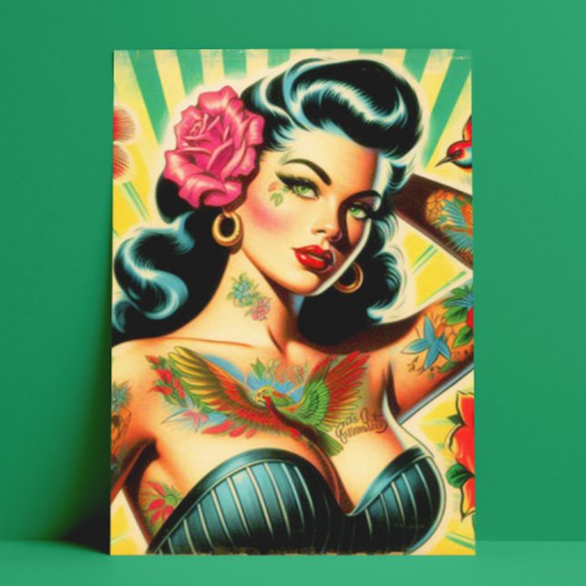 Retro Old School Tattoo Pinup Postcard (Creator Uploaded)