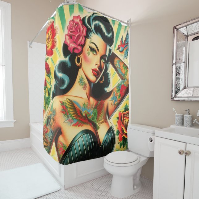 Retro Old School Tattoo Pinup Shower Curtain (In Situ)