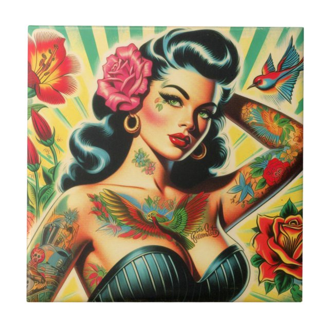 Retro Old School Tattoo Pinup Tile (Front)