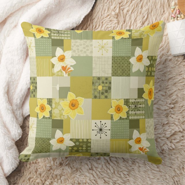Retro Olive Daffodil Floral Tile - Mid Century Cushion (Blanket)