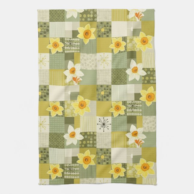 Retro Olive Daffodil Floral Tile - Mid Century Tea Towel (Vertical)