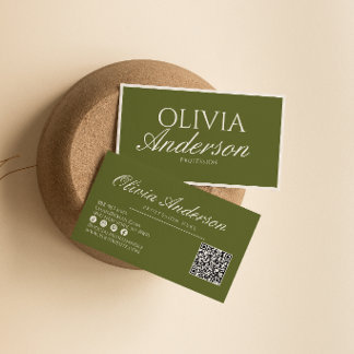 Retro Olive Green Luxury Vintage Old Money QR Code Business Card