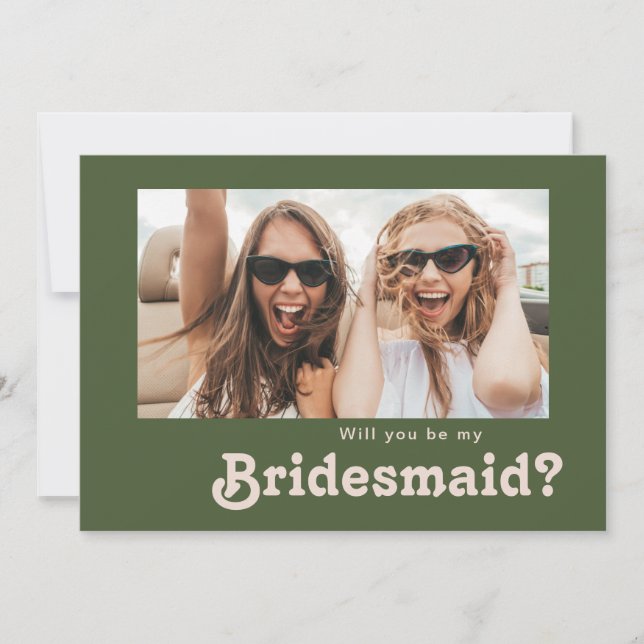 Retro Olive Green Photo Bridesmaid Proposal Card (Front)