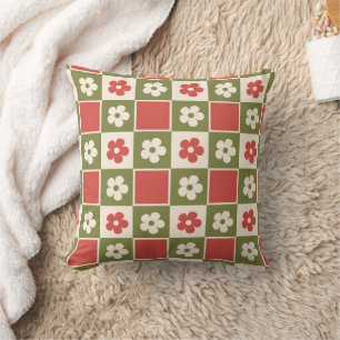 Retro Olive Green & Rust Daisy Chequerboard Cushion