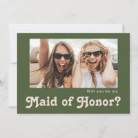 Retro Olive Photo Maid of Honour Proposal Card