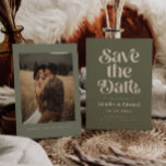 Retro Olive Wedding Save The Date<br><div class="desc">Retro and elegant save the date card featuring boho font that says "save the date" in olive green colour. You can add a photo on the back.</div>