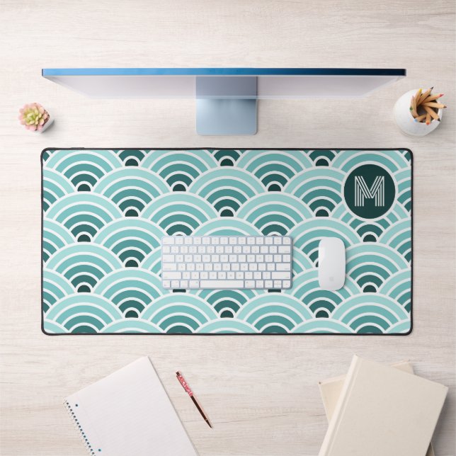 Retro Ombre Teal Blue Green Waves Art Pattern Desk Mat (Office 1)