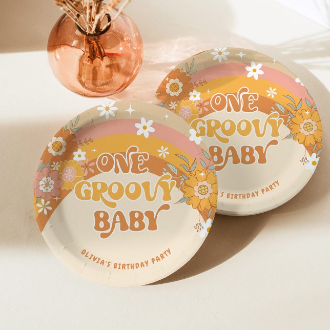 Retro one groovy baby birthday paper plate (Creator Uploaded)