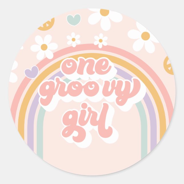 Retro One Groovy Girl Rainbow Birthday Classic Round Sticker (Front)