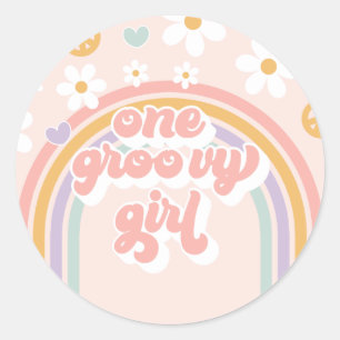 Retro One Groovy Girl Rainbow Birthday Classic Round Sticker