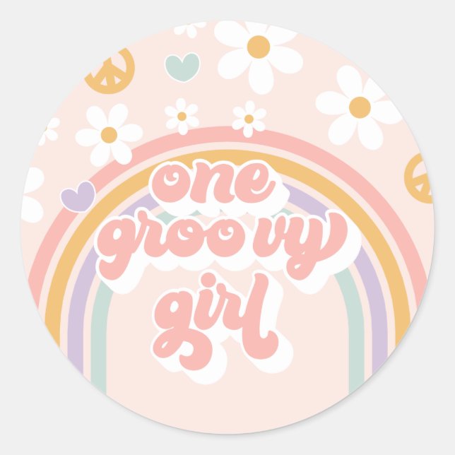 Retro One Groovy Girl Rainbow Birthday Classic Round Sticker (Front)
