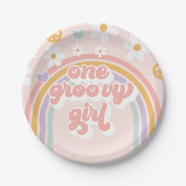 Retro One Groovy Girl Rainbow Birthday Paper Plate (Front)