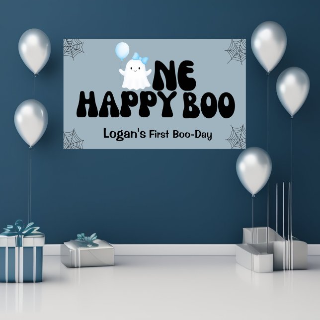 Retro One Happy Boo Boy 1st Birthday Party  Banner (Creator Uploaded)