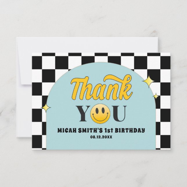 Retro One Happy Dude 1st Birthday Thank You Card (Front)