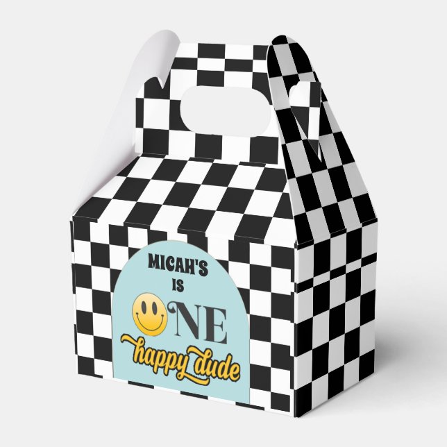 Retro One Happy Dude Birthday Party Favour Box (Front Side)