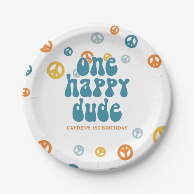 Retro One Happy Dude Boy birthday Paper Plates (Front)