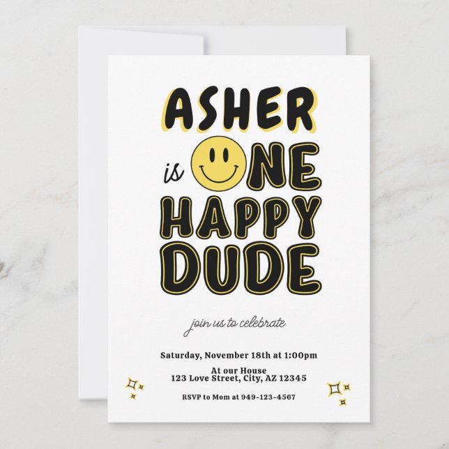 Retro One Happy Dude Happy Face first Birthday Invitation (Front)