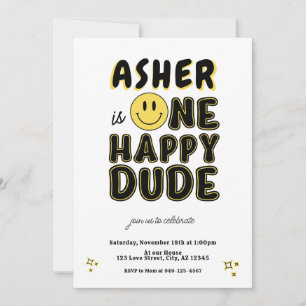 Retro One Happy Dude Happy Face first Birthday Invitation
