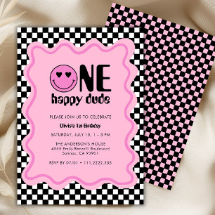 Retro One Happy Dude Pink Girl 1st Birthday Party  Invitation