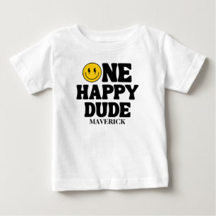 Retro One Happy Dude Smile Face Boy 1st Birthday Baby T-Shirt