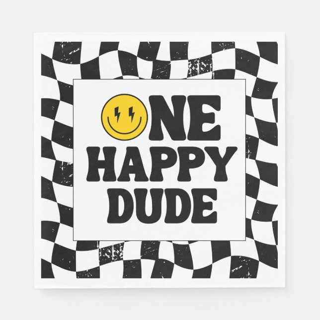 Retro One Happy Dude Smile Face Boy 1st Birthday Napkin (Front)