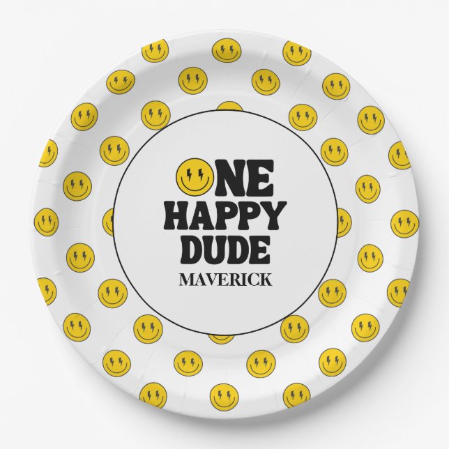 Retro One Happy Dude Smile Face Boy 1st Birthday Paper Plate (Front)