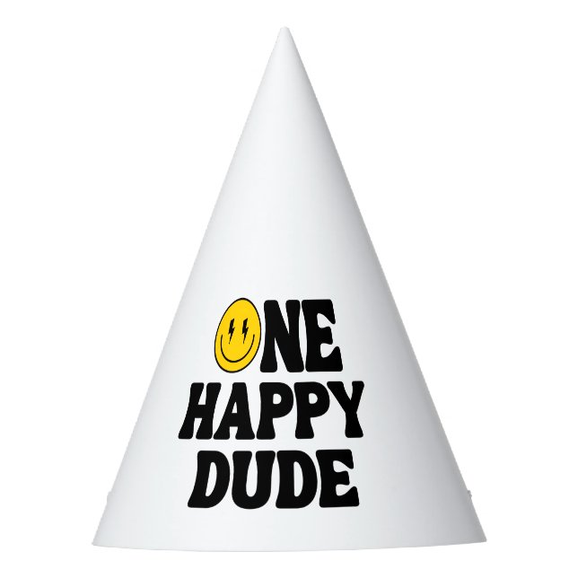 Retro One Happy Dude Smile Face Boy 1st Birthday Party Hat (Front)