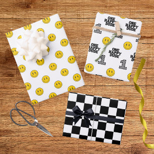 Retro One Happy Dude Smile Face Boy 1st Birthday Wrapping Paper Sheet