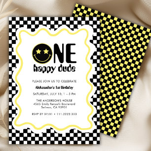 Retro One Happy Dude Yellow 1st Birthday Party  Invitation
