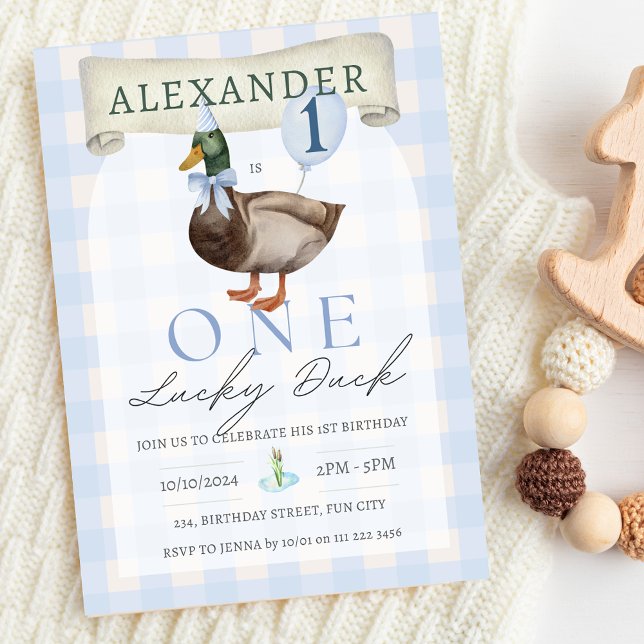 Retro One Lucky Duck 1st Birthday Blue Gingham Invitation (One Lucky Duck 1st Birthday Blue Gingham Invitation for Boy )