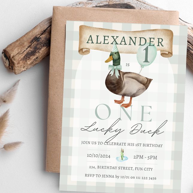 Retro One Lucky Duck 1st Birthday Green Gingham Invitation (Retro One Lucky Duck 1st Birthday Green Gingham  Invitation)