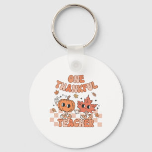 Retro One Thankful Teacher Pumpkin And Autumn Leaf Key Ring