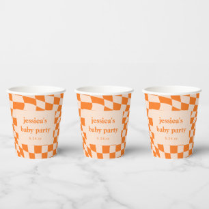 Retro Orange Abstract Check Custom Baby Shower Paper Cups