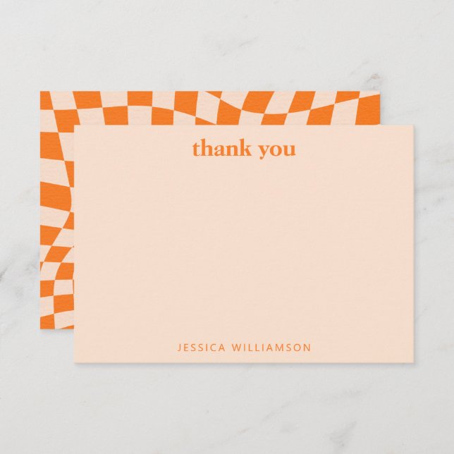 Retro Orange Abstract Check Personalized Shower Thank You Card (Front/Back)