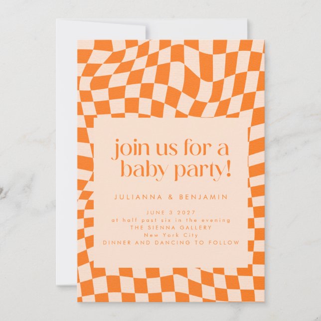 Retro Orange Abstract Chequerboard Baby Invitation (Front)