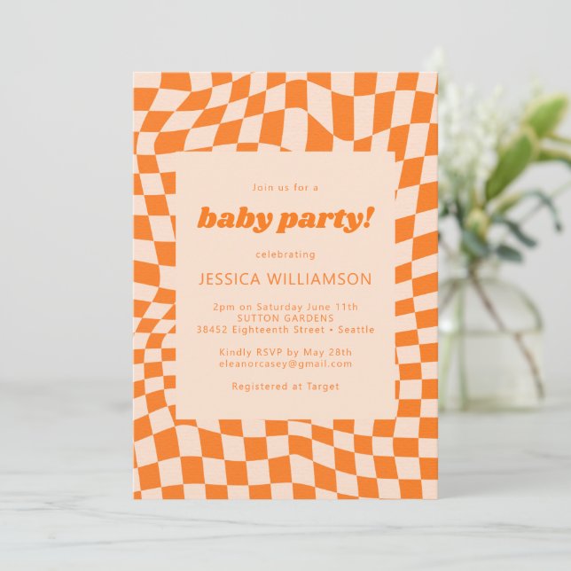 Retro Orange Abstract Chequerboard Baby Party Invitation (Standing Front)