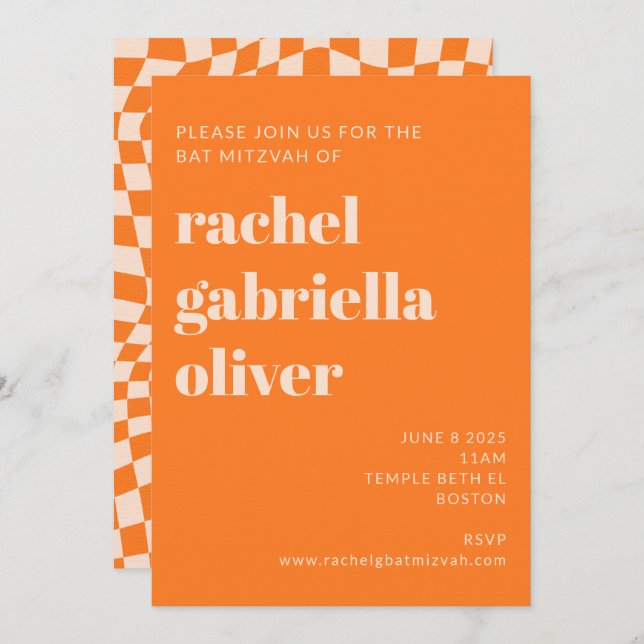 Retro Orange Abstract Chequerboard Bat Mitzvah  Invitation (Front/Back)