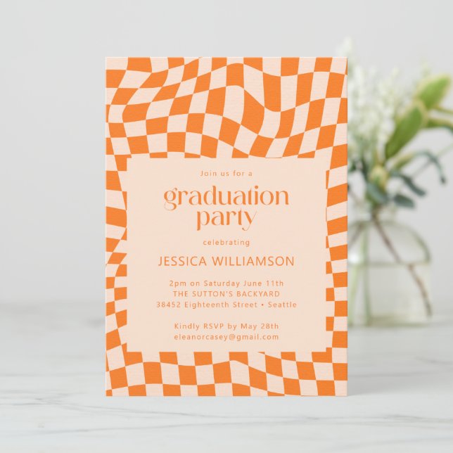Retro Orange Abstract Chequerboard Graduation  Invitation (Standing Front)